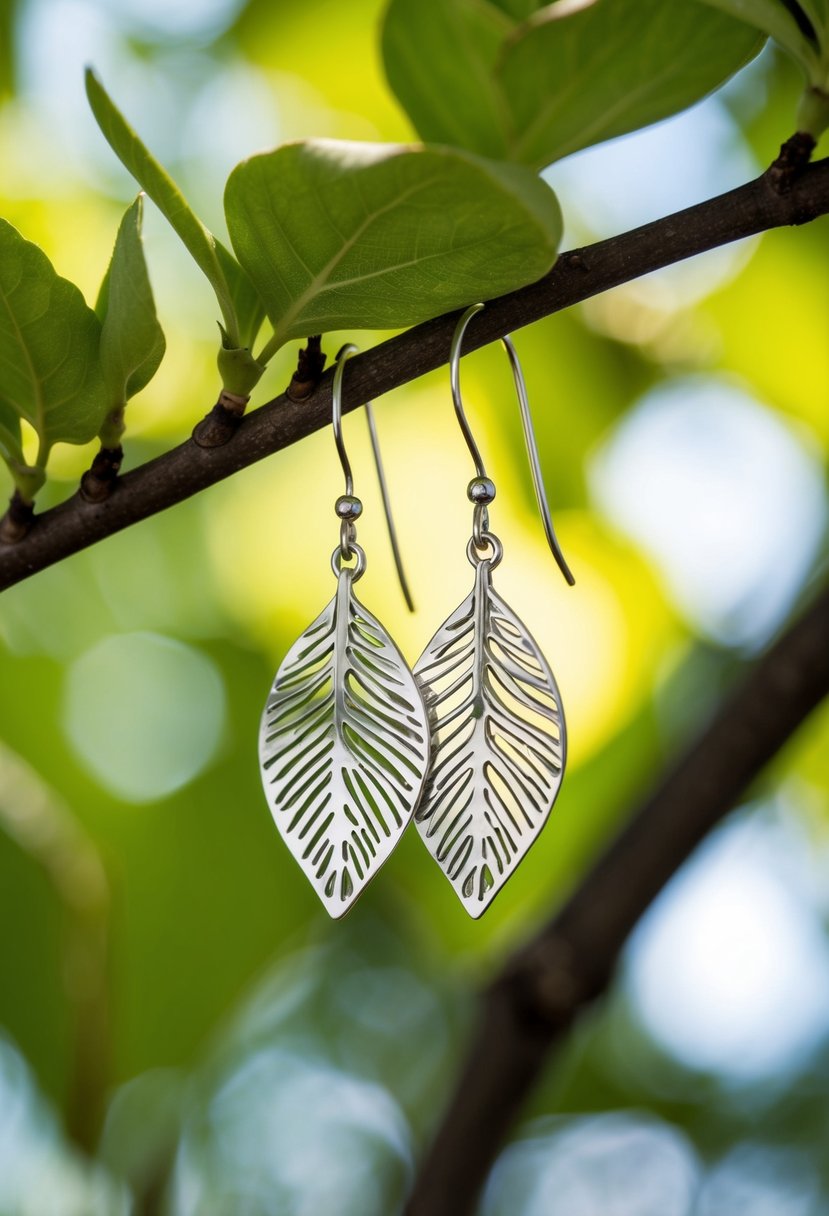 Silver earrings with delicate leaf patterns, hanging from a tree branch with soft sunlight filtering through the leaves