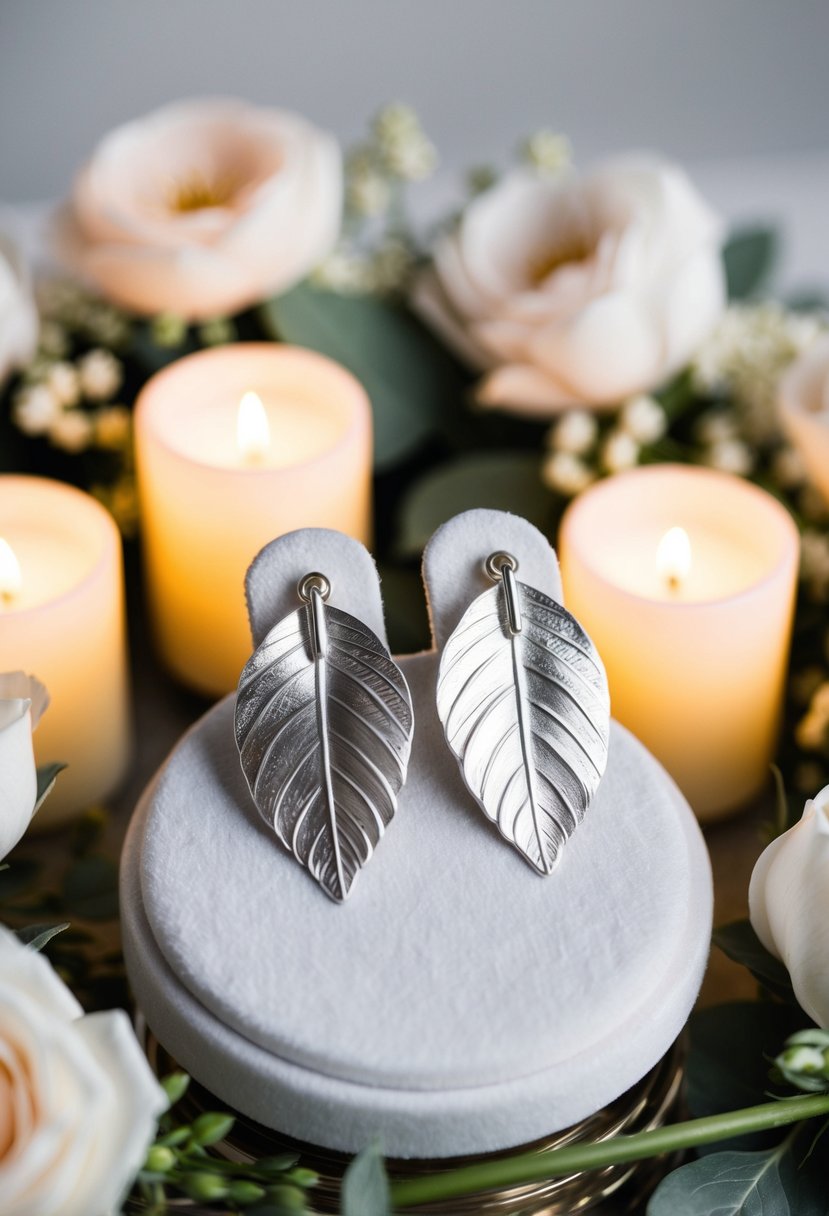 A pair of silver leaf clip-on earrings displayed on a white velvet cushion, surrounded by delicate floral arrangements and soft candlelight