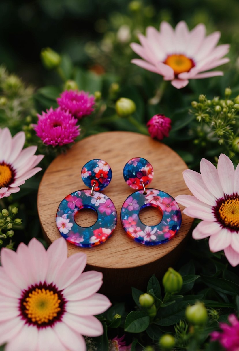 Vibrant resin floral earrings surrounded by blooming flowers and lush greenery