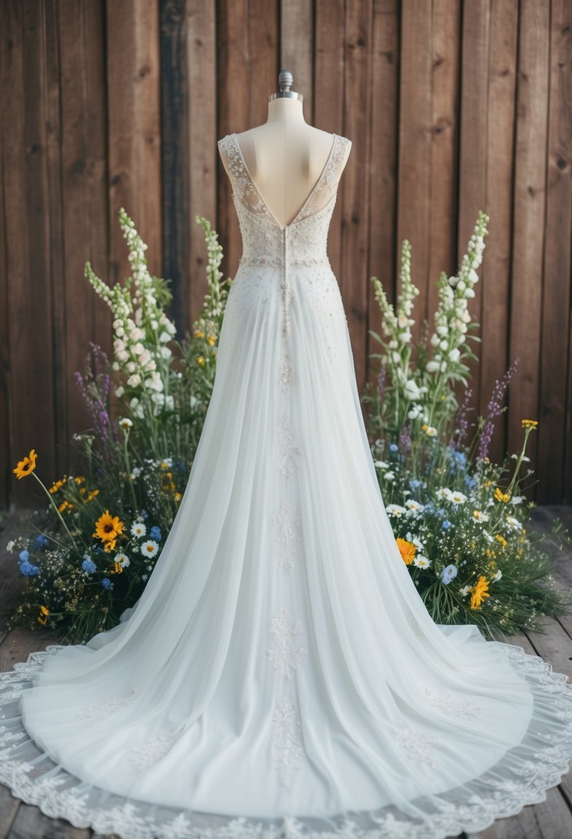 A flowing, floor-length wedding dress with delicate lace and beadwork, surrounded by a bouquet of wildflowers and a rustic wooden backdrop