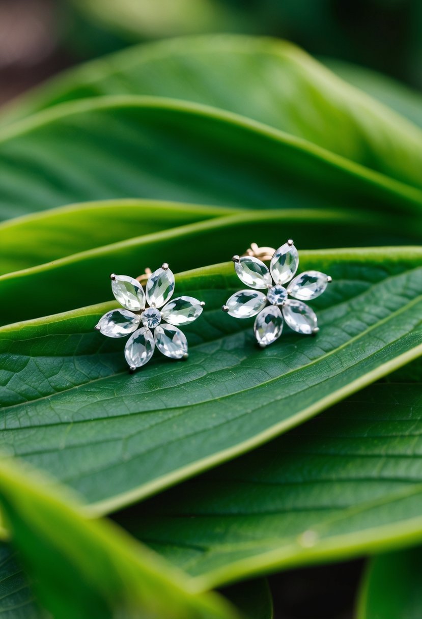 A pair of delicate crystal flower and leaf earrings displayed on a bed of fresh green leaves