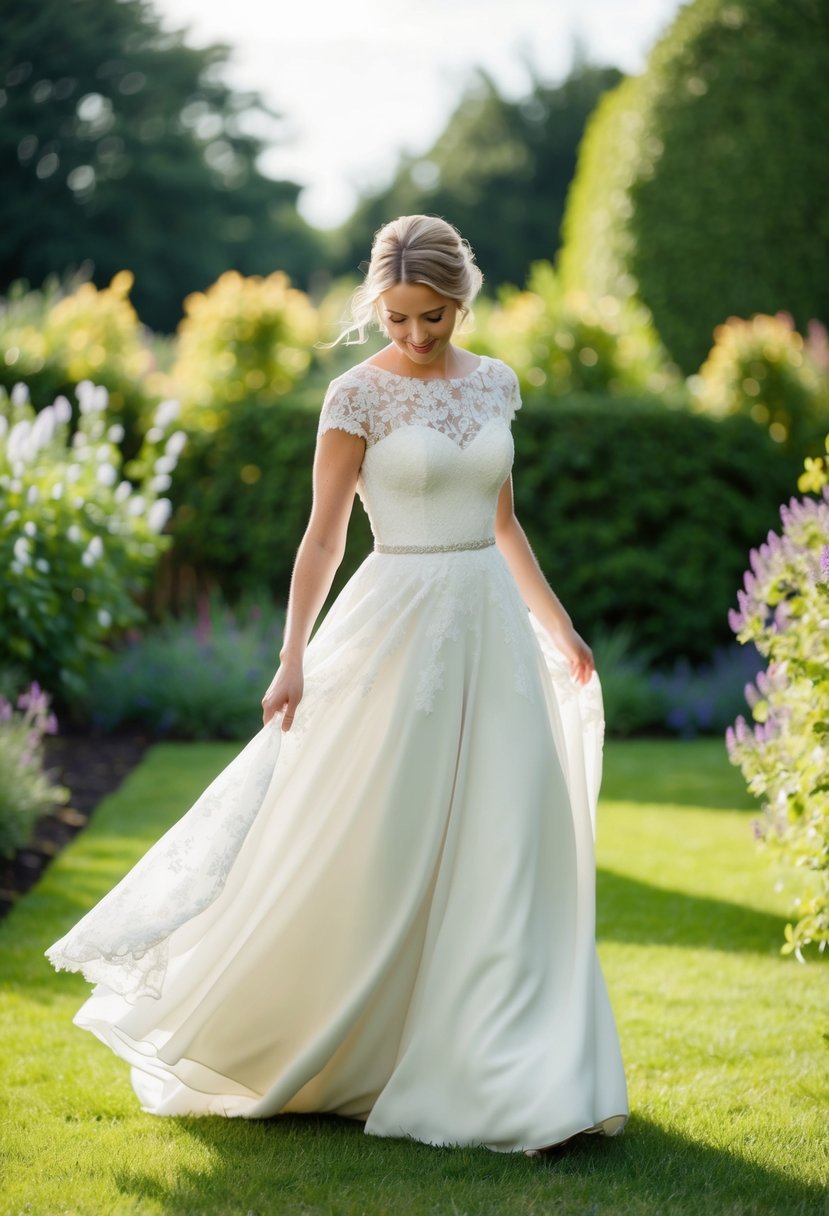 A bride twirls in a garden, her lace A-line dress flowing around her