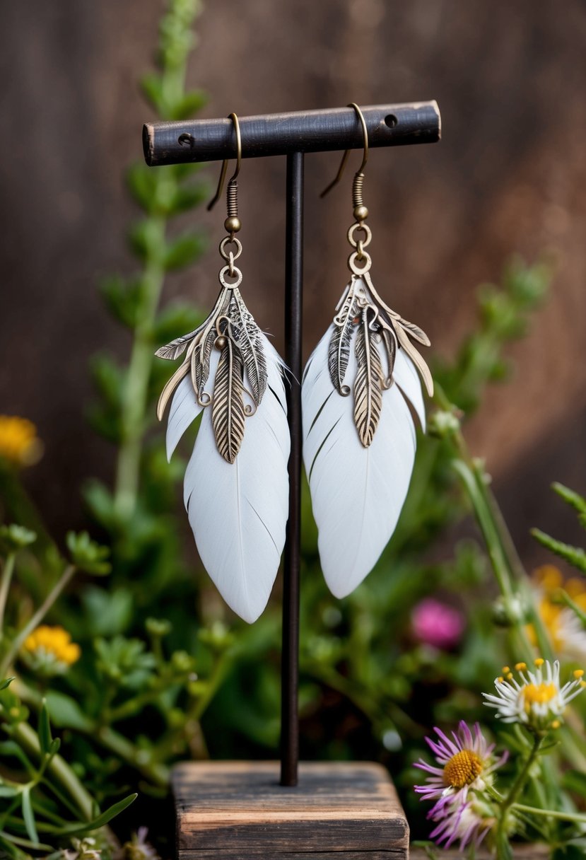 A pair of delicate feather earrings, adorned with intricate nature-inspired details, dangle from a rustic wooden display, surrounded by earthy greenery and wildflowers