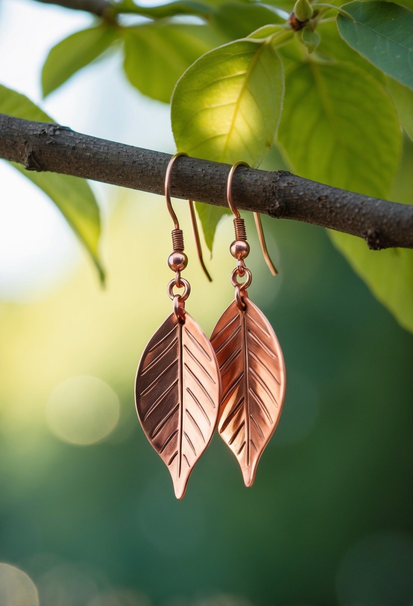 Two copper leaf dangle earrings hanging from a tree branch, with soft sunlight shining through the leaves