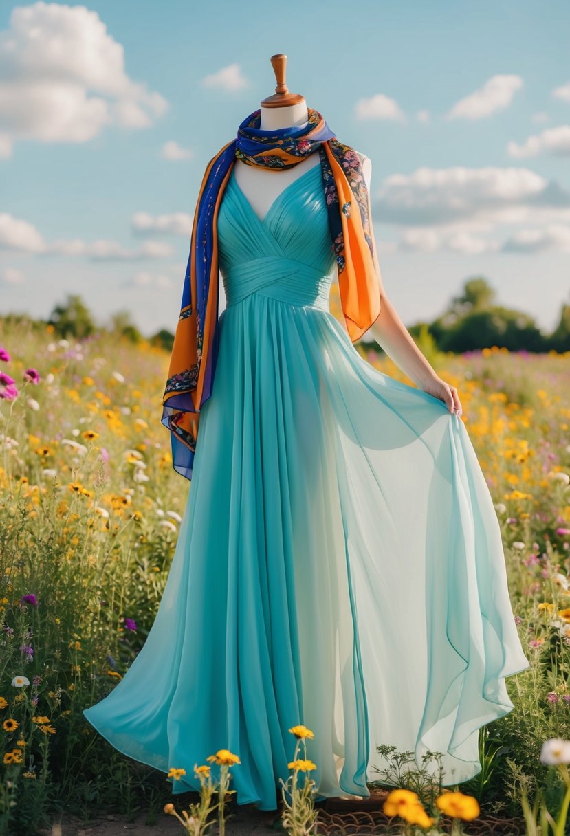 A flowing chiffon A-line gown surrounded by wildflowers and draped with colorful scarves