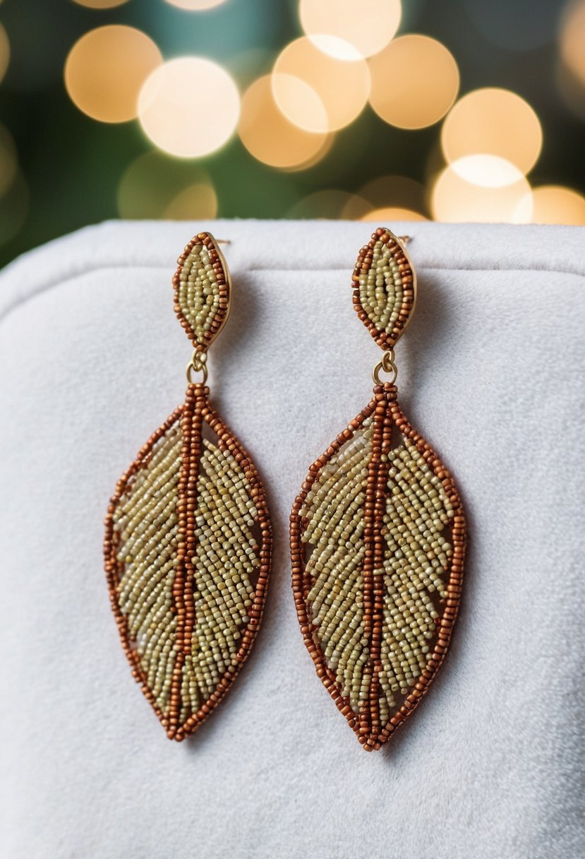 A pair of beaded leaf pattern earrings displayed on a white velvet background