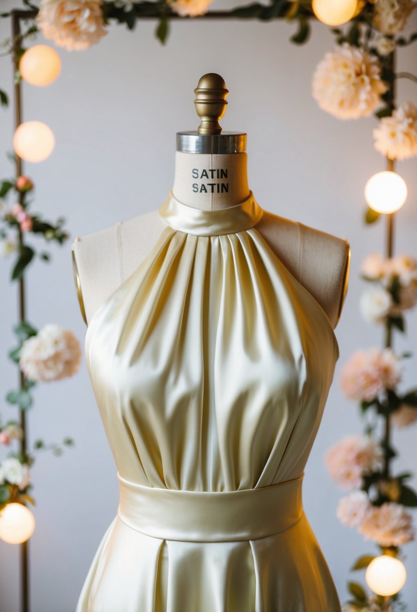 A mannequin wearing an elegant satin A-line dress with a high neckline, surrounded by soft lighting and delicate floral decor