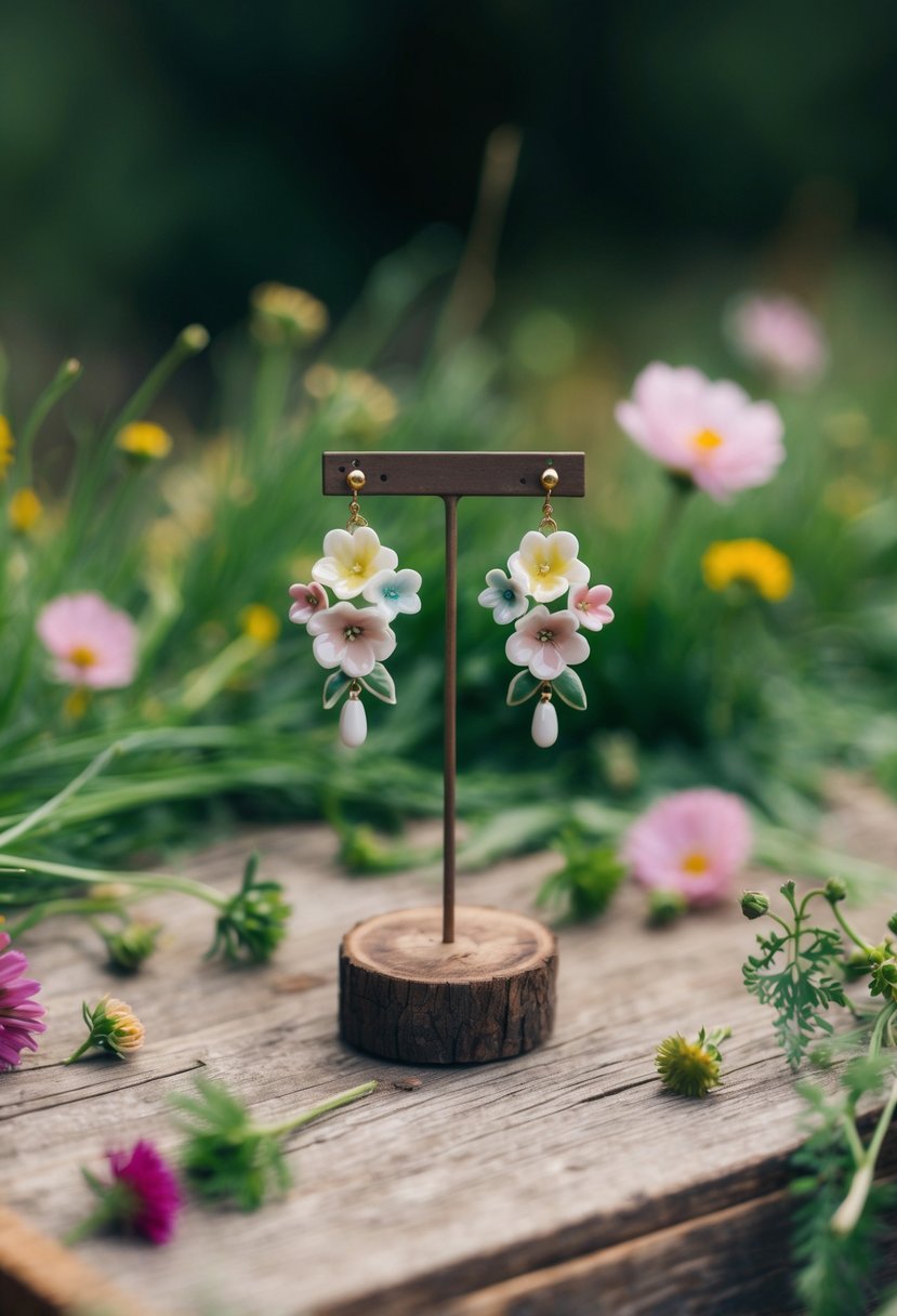 A delicate pair of porcelain floral earrings displayed on a rustic wooden table, surrounded by scattered wildflowers and greenery