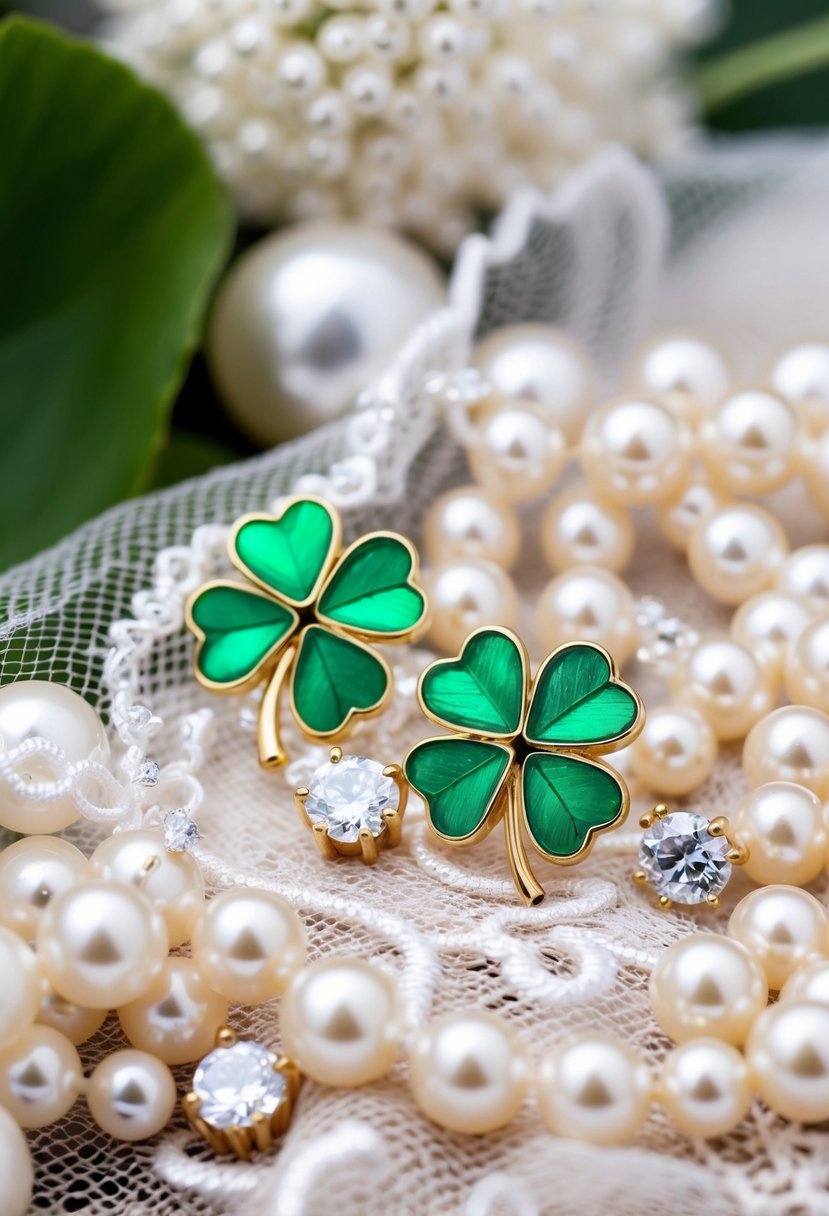 Two four-leaf clover gold studs rest on a delicate lace wedding veil, surrounded by shimmering pearls and sparkling diamonds