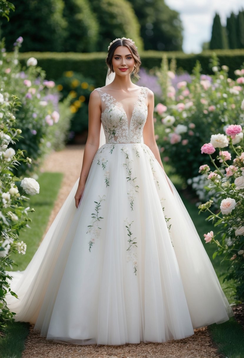 A bride stands in a garden, wearing a classic tulle A-line gown with floral embroidery, surrounded by blooming flowers and greenery