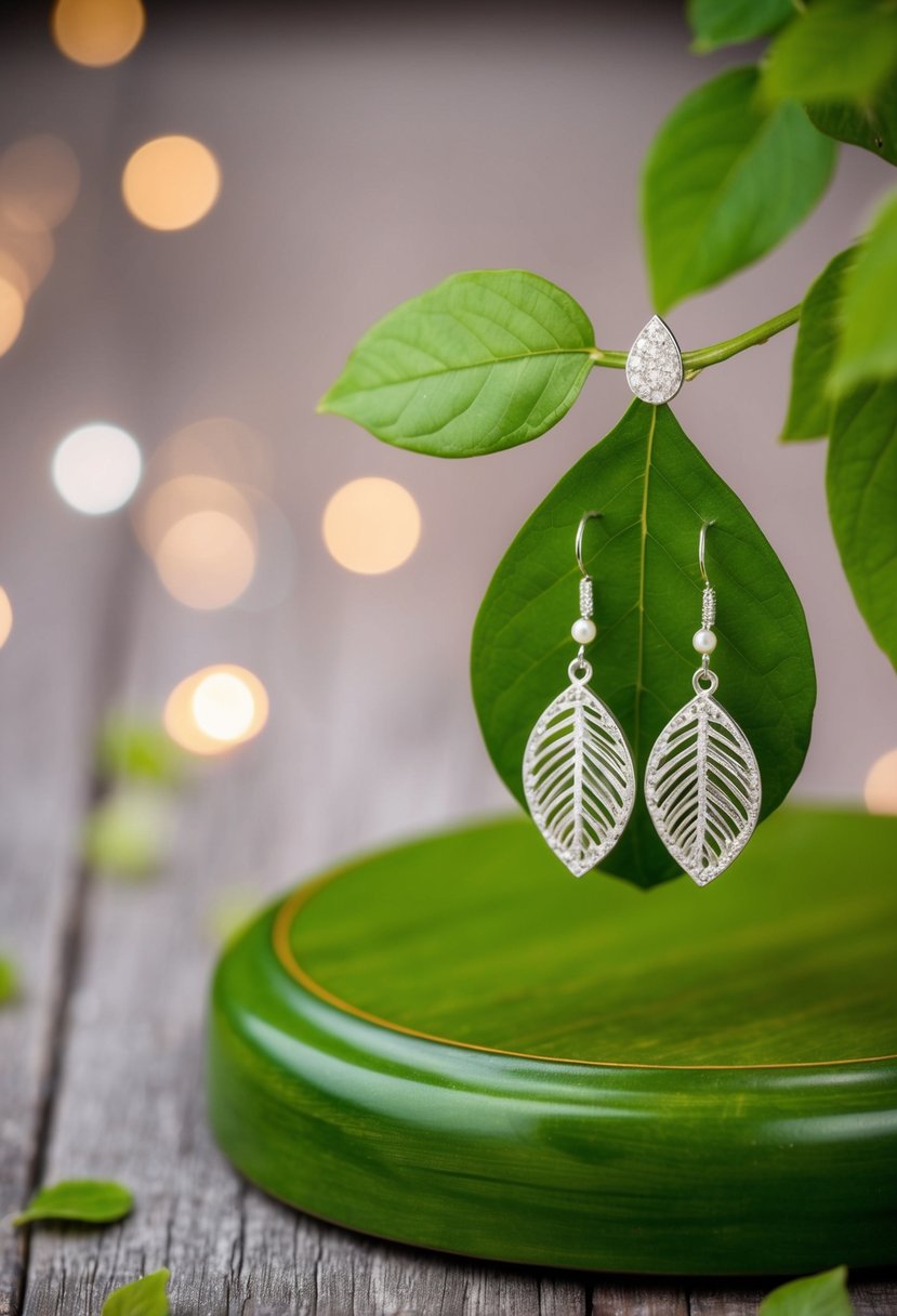 Green wooden base with leaf drops, showcasing wedding earring ideas