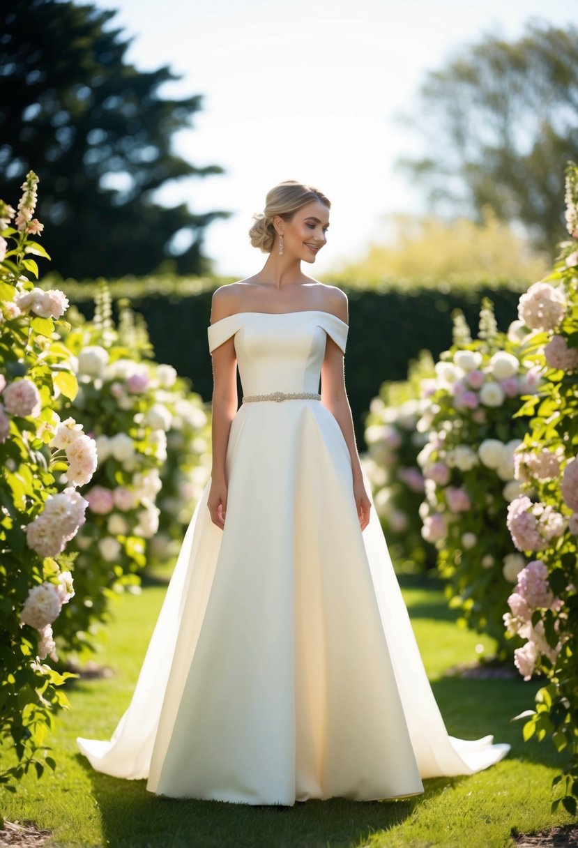 A sunlit garden wedding with a bride in an off-the-shoulder A-line dress, surrounded by blooming flowers and a serene atmosphere