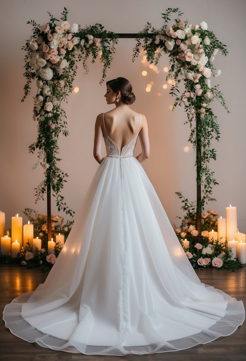 An elegant organza A-line gown with a dramatic train flowing behind, set against a romantic backdrop of cascading flowers and soft candlelight