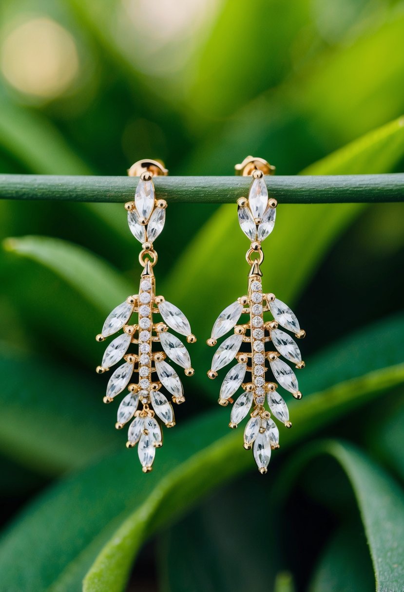 A delicate pair of leaf-shaped earrings adorned with sparkling crystals, set against a backdrop of lush greenery