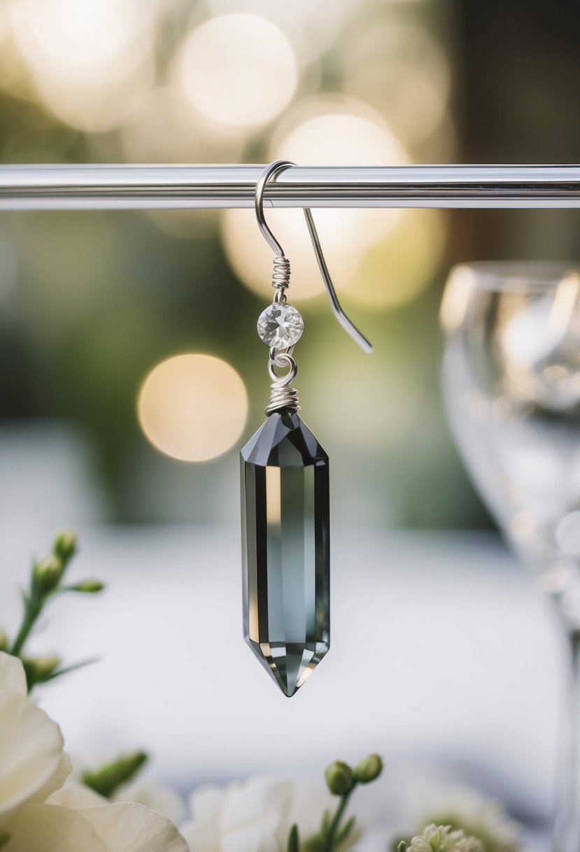 A smokey gray quartz crystal earring dangling from a delicate silver hook, catching the light in a romantic wedding setting