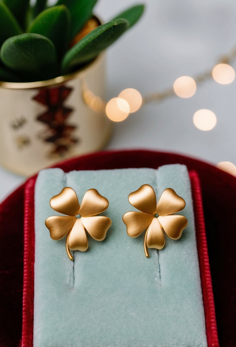 A pair of matte satin gold clover leaf earrings displayed on a velvet cushion