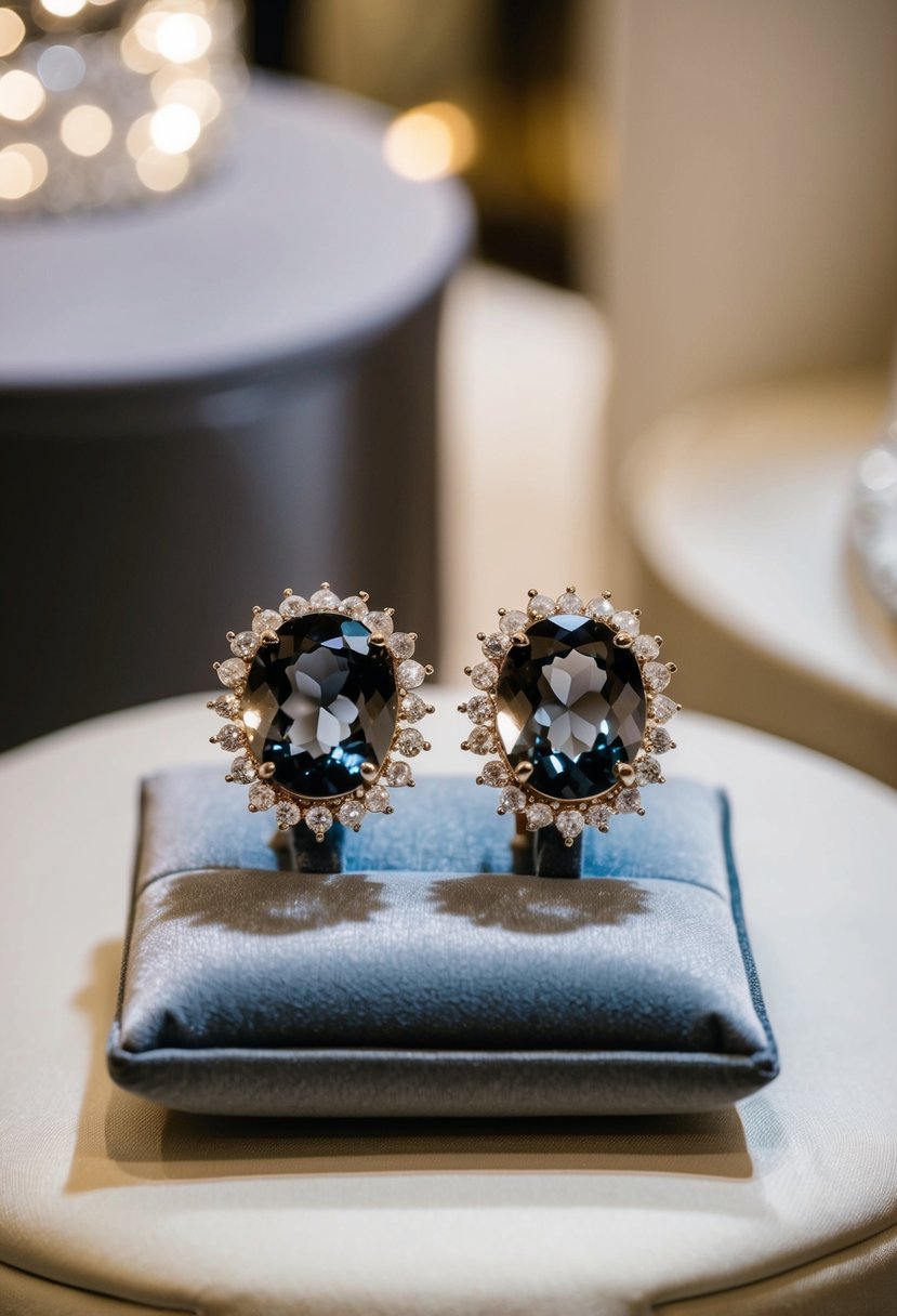 Two delicate halo earrings, each adorned with a smokey gray quartz crystal, displayed on a luxurious velvet cushion in a softly lit bridal boutique