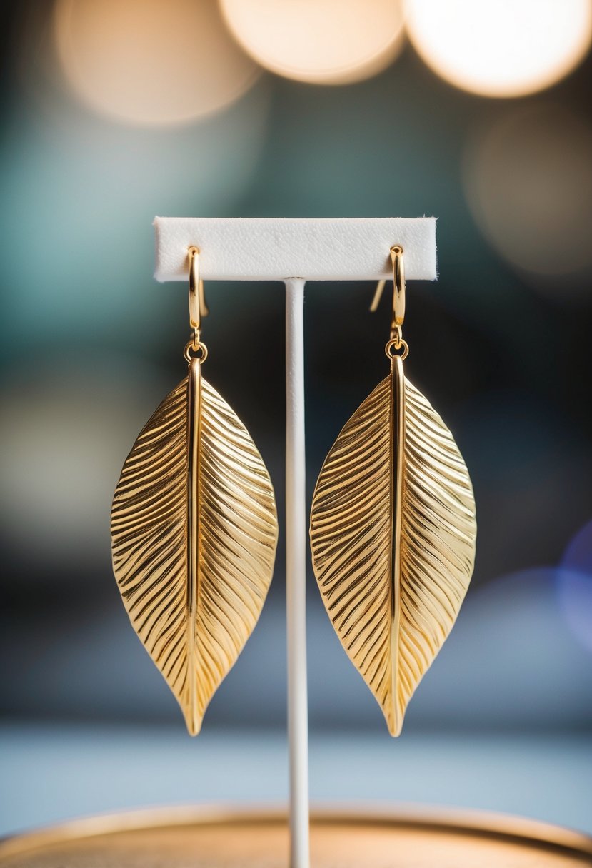 Two long, gold-plated leaf earrings dangling from a delicate display stand