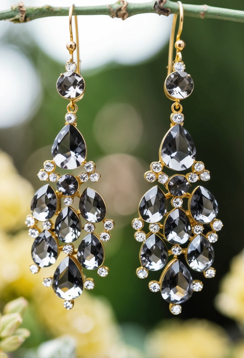 A vintage-inspired chandelier earring design featuring smokey gray quartz crystals, perfect for a wedding