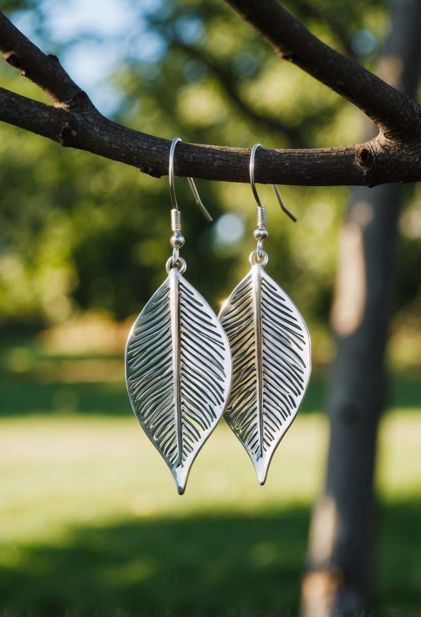 Delicate silver leaf-shaped earrings dangle from a tree branch, catching the sunlight