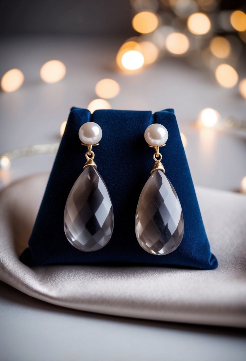 Smokey gray quartz and pearl drop earrings displayed on a velvet cushion with soft lighting