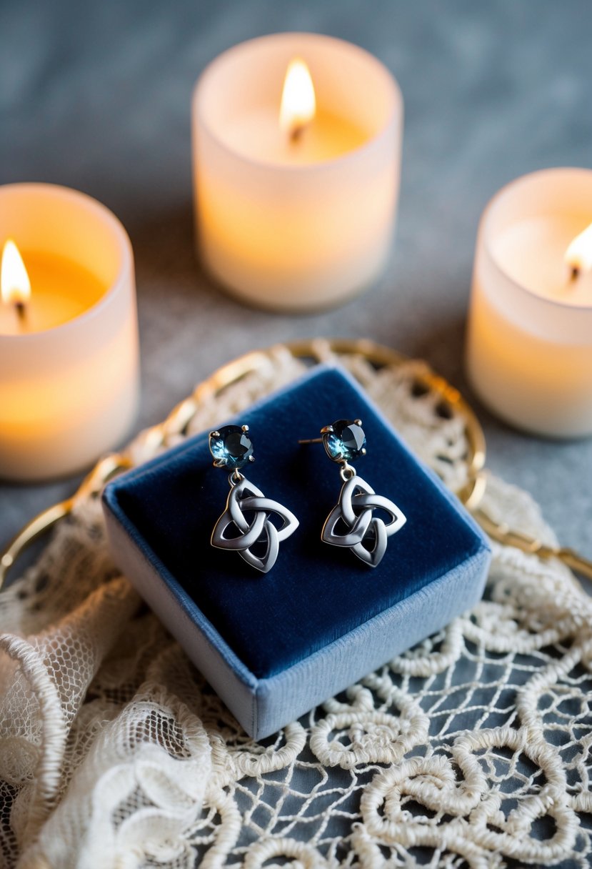 A pair of Celtic knot smokey gray quartz earrings displayed on a velvet cushion, surrounded by soft candlelight and delicate lace