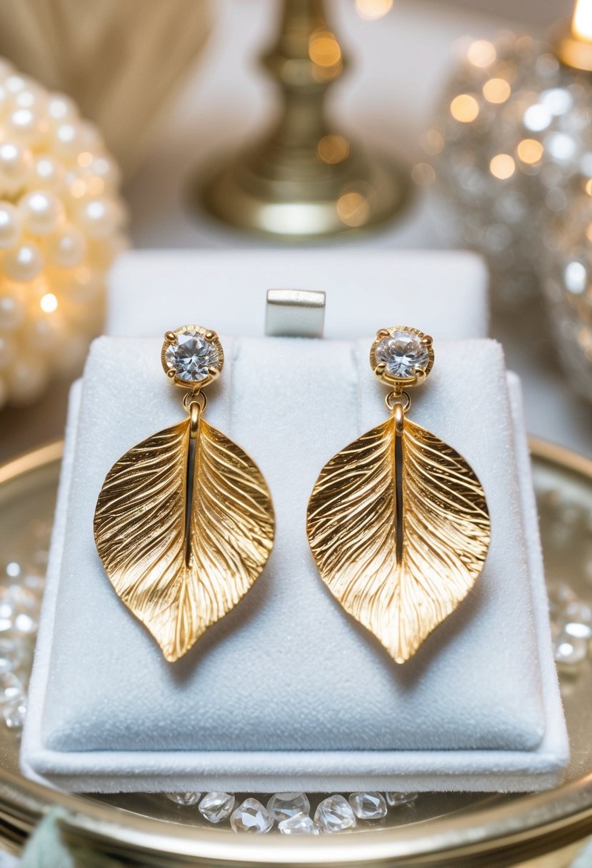 Two delicate 22-karat gold leaf earrings displayed on a white velvet cushion, surrounded by soft lighting and elegant decor