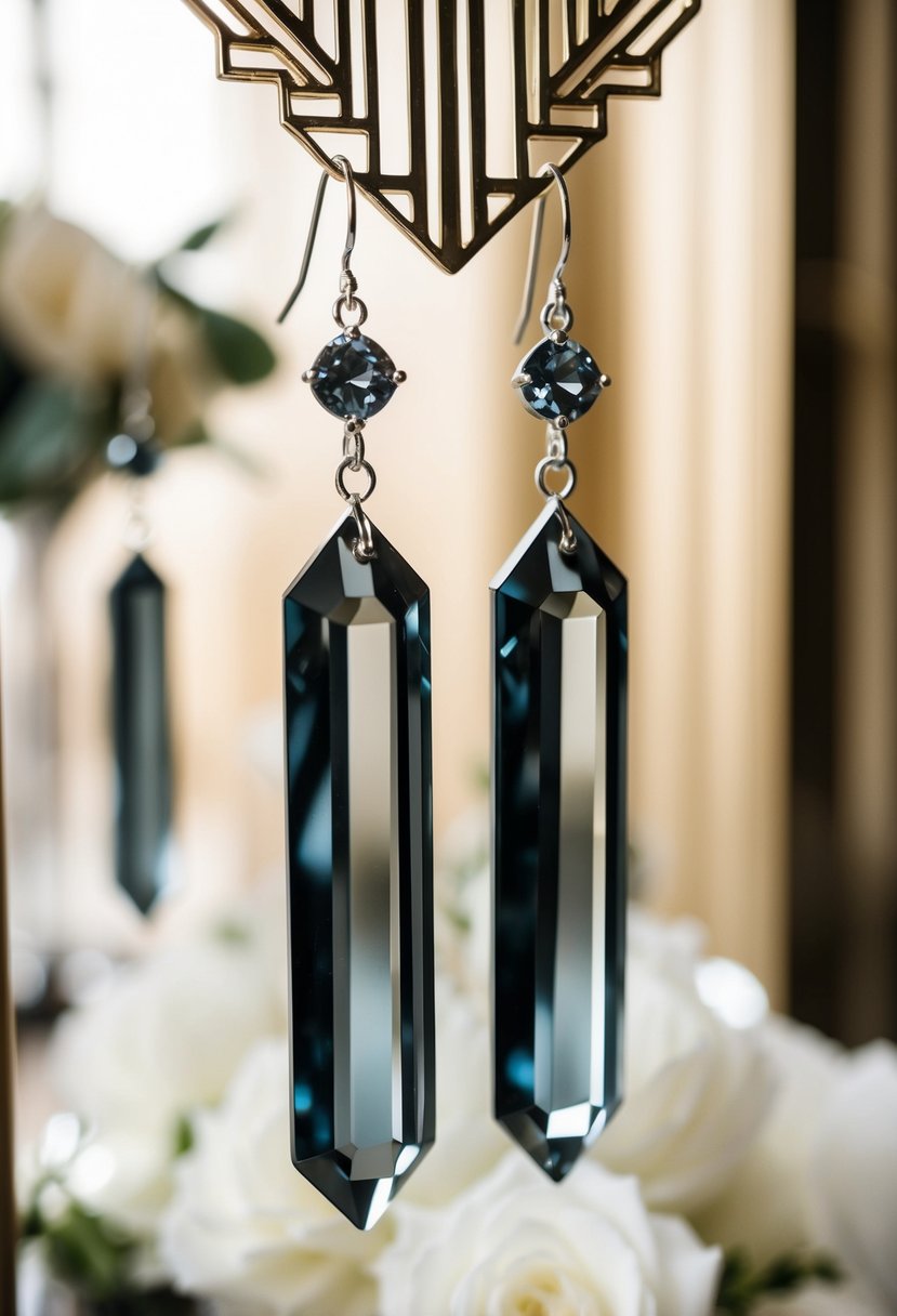 Smokey gray quartz crystal earrings dangle from an Art Deco-inspired display, evoking elegance and sophistication for a wedding