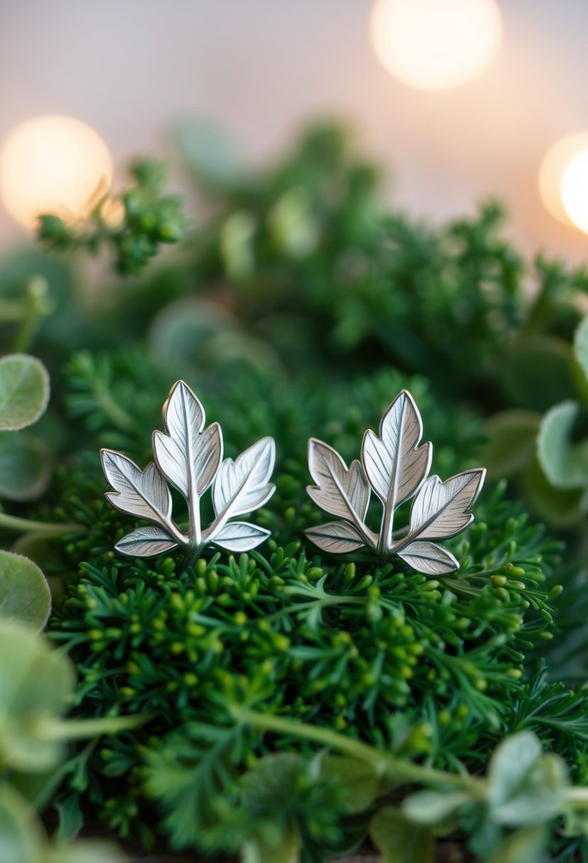 A pair of delicate floral leaf earrings resting on a bed of fresh greenery, surrounded by soft, romantic lighting