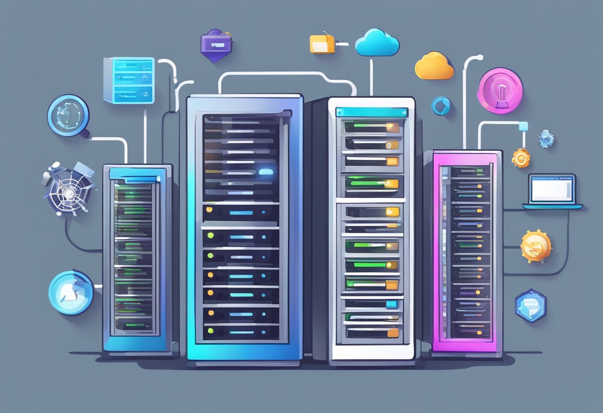Un serveur d'hébergement web entouré d'outils et d'indicateurs SEO, avec un coup de pouce visible dans les classements des moteurs de recherche.