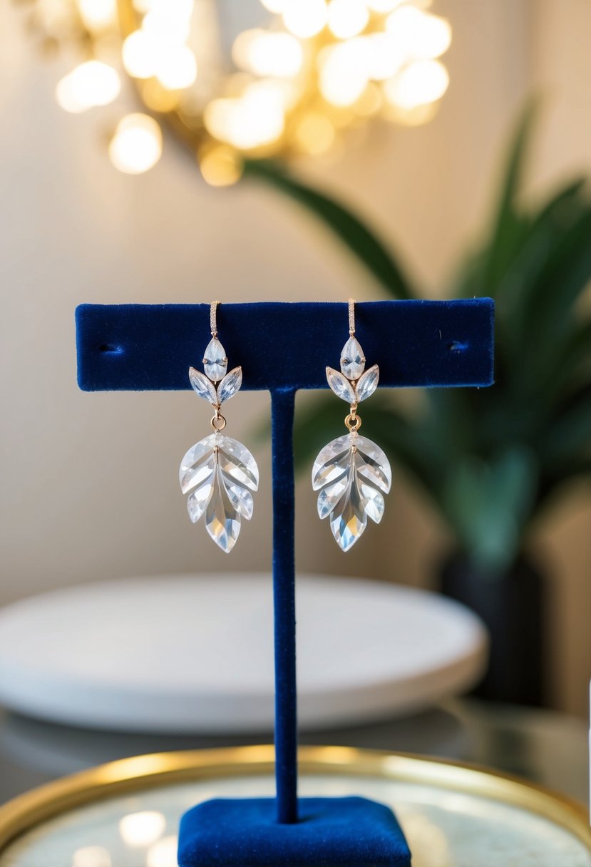 A pair of elegant crystal leaf earrings displayed on a velvet jewelry stand, with soft lighting highlighting their intricate details