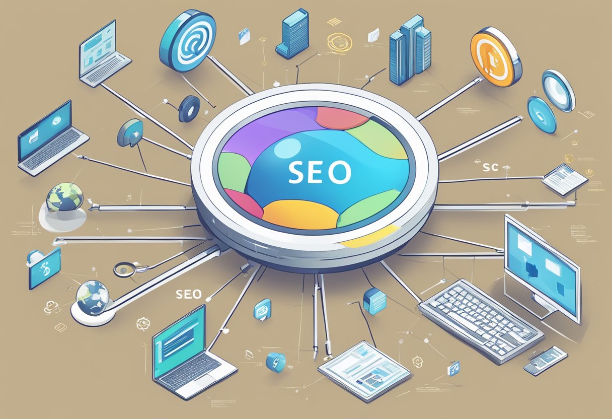 Un serveur web avec une loupe flottant au-dessus, entouré de divers éléments liés au SEO tels que des mots-clés, des liens et des logos de moteurs de recherche.