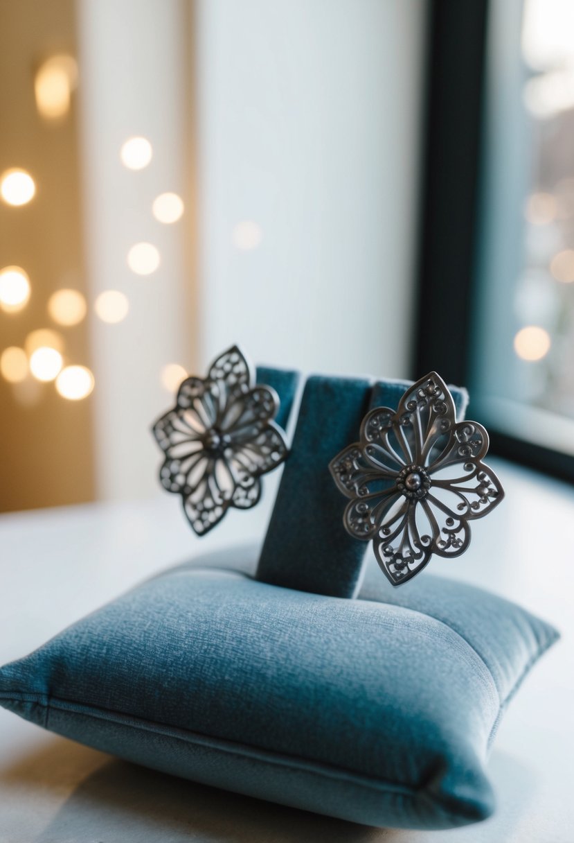 Smokey gray stud earrings with filigree design displayed on a velvet cushion in a softly lit room