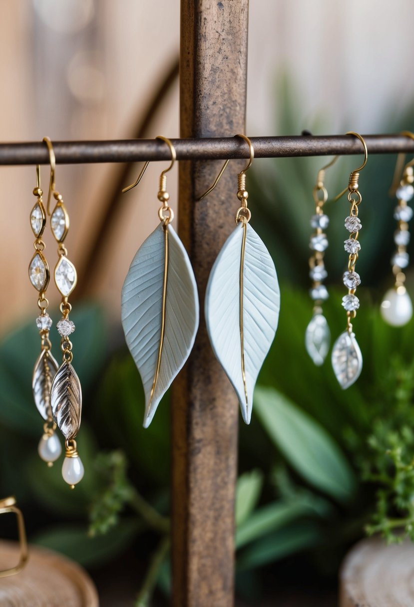 A pair of delicate clay leaf earrings hanging from a rustic display, surrounded by other nature-inspired bridal jewelry