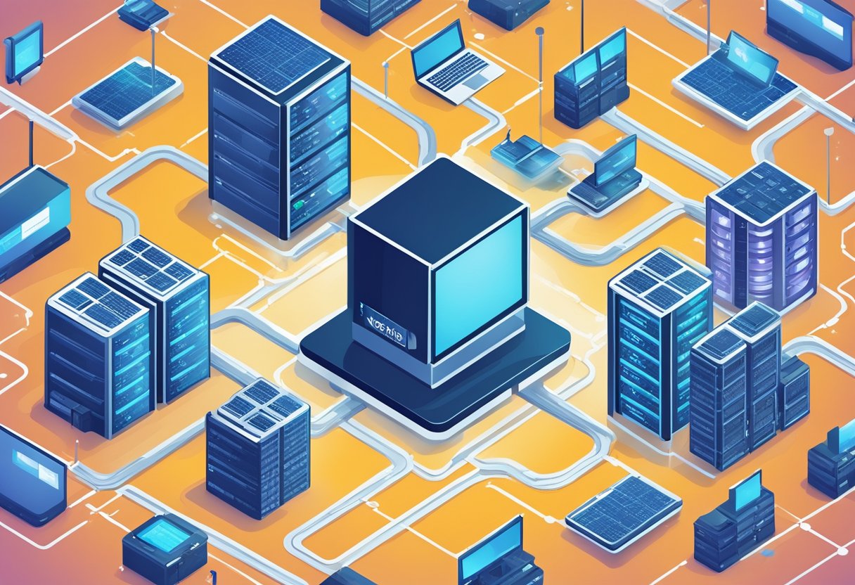 Un serveur d'hébergement web entouré d'éléments liés au SEO comme des logos de moteurs de recherche, des icônes de sites web et des nuages de mots-clés