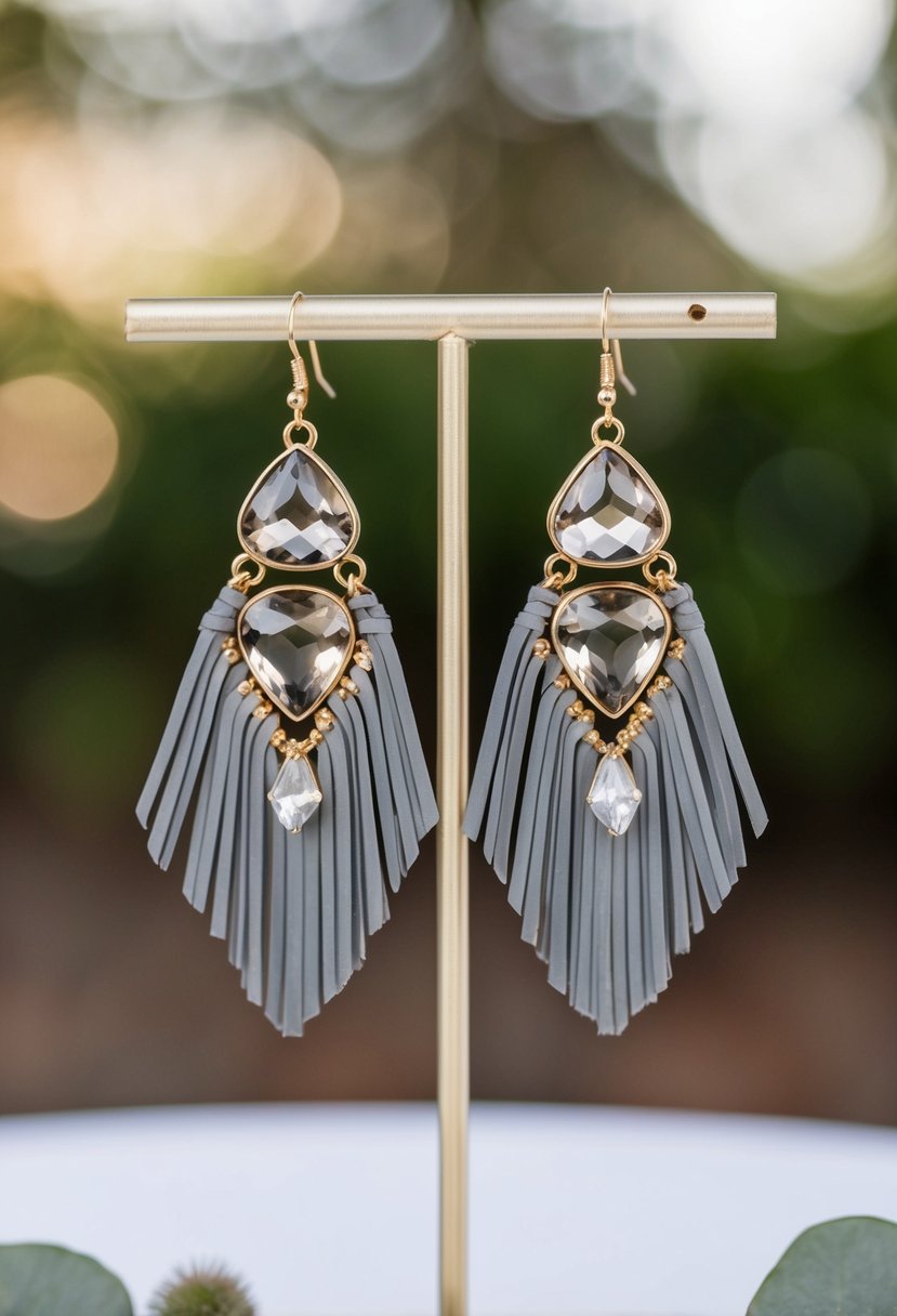 A bohemian-inspired pair of smokey gray fringe earrings with quartz crystals, perfect for a wedding