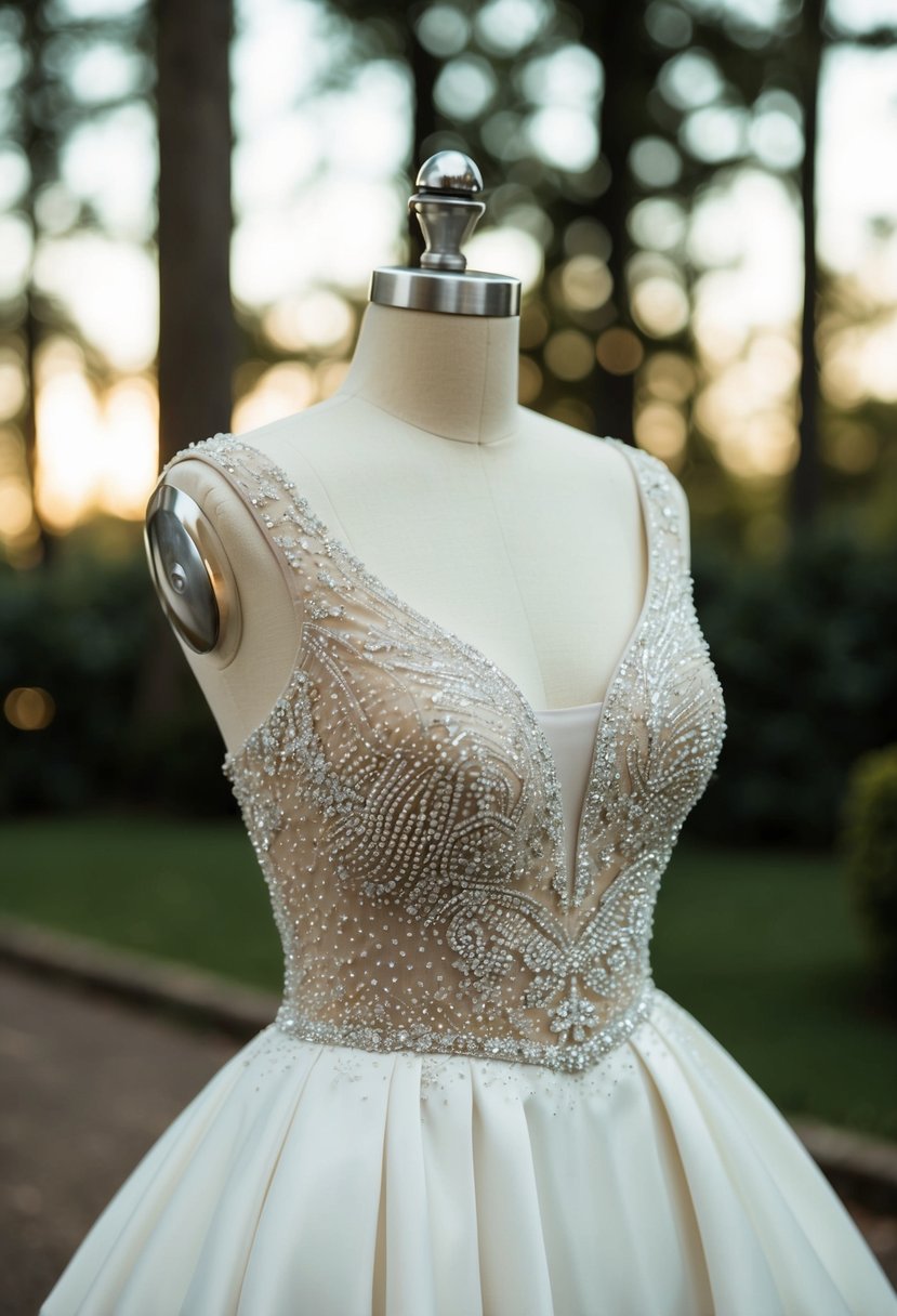 A sparkling beaded bodice adorns a flowing A-line wedding dress