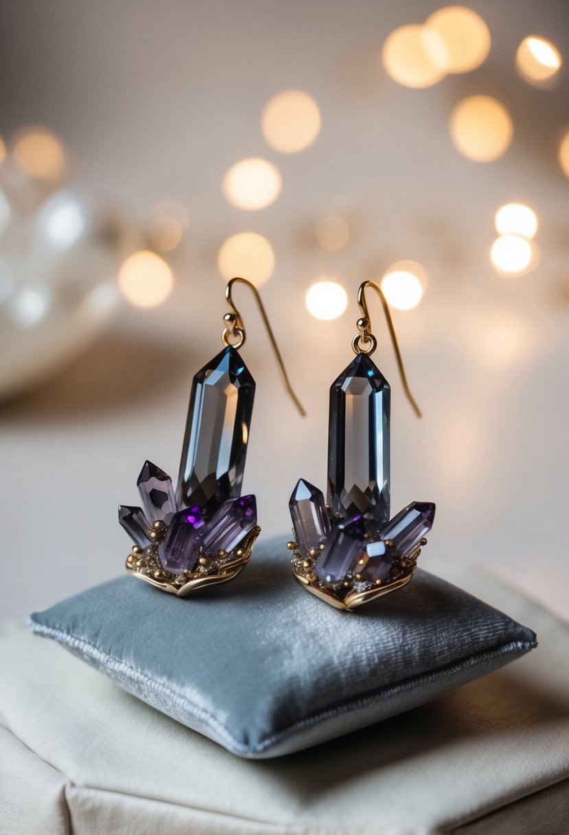 A pair of smokey gray quartz crystal earrings with amethyst clusters, displayed on a velvet cushion in a soft, romantic lighting