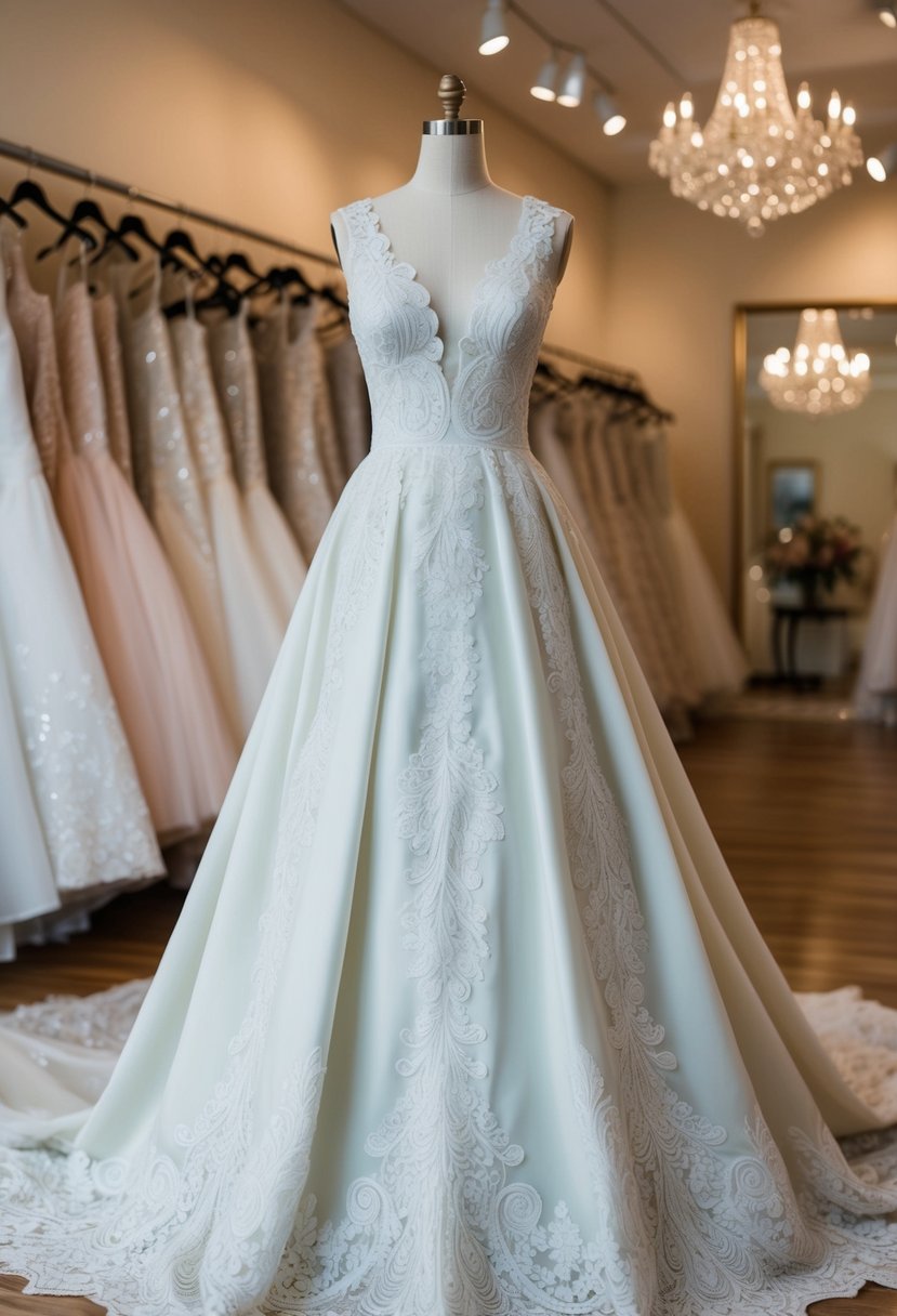 An elegant vintage-inspired A-line gown with intricate scalloped lace details, flowing gracefully on a mannequin in a softly lit bridal boutique