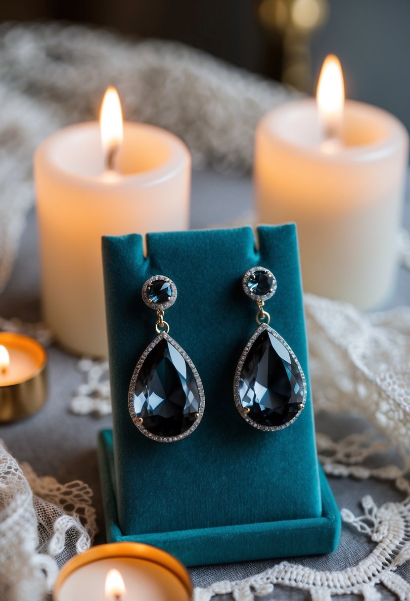 Two elegant smokey gray teardrop earrings on a velvet display, surrounded by soft candlelight and delicate lace fabric