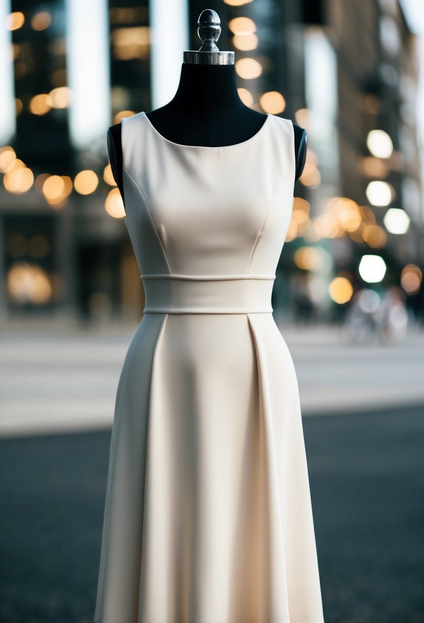 A simple, elegant A-line dress in crepe fabric, with clean lines and modern design