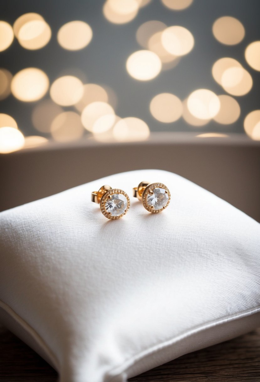 Two delicate gold earrings on a white satin pillow