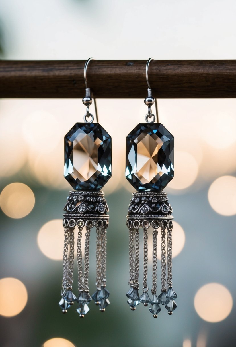 A pair of smokey gray quartz crystal earrings with intricate silver tassels, shimmering under soft wedding lights