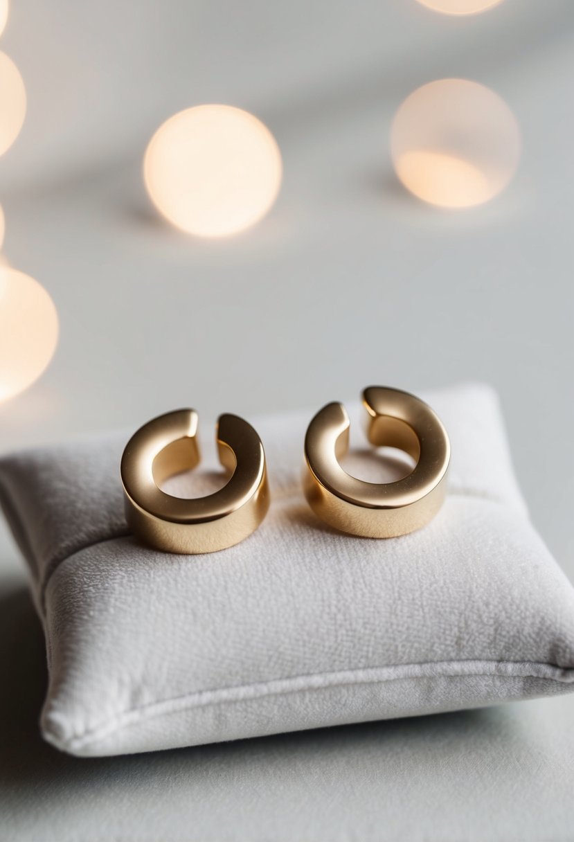 Two elegant gold stud earrings on a velvet cushion, with soft lighting and a simple background