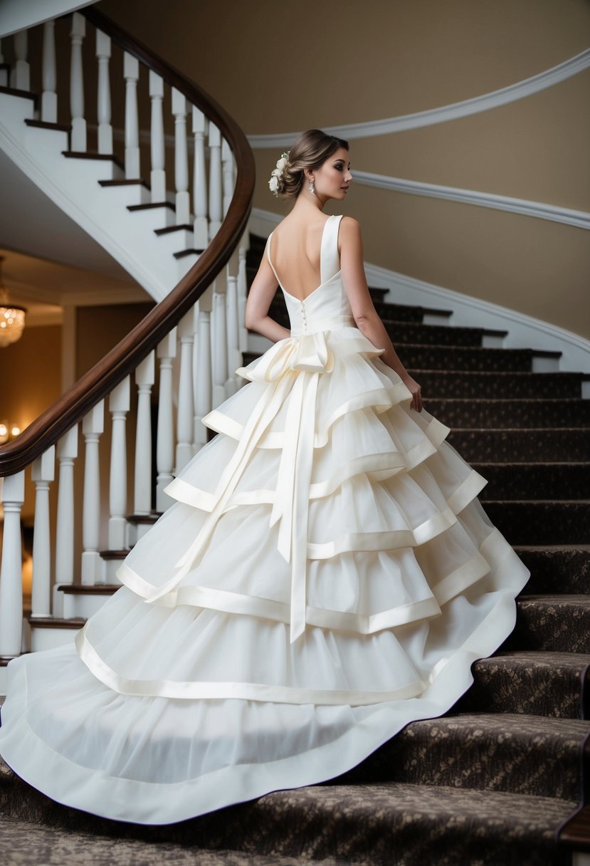 A tiered skirt A-line gown with ribbon detail flowing down a grand staircase