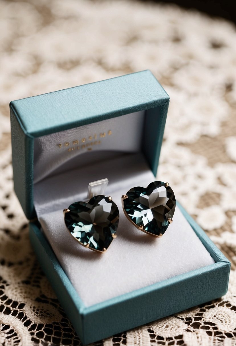 Two heart-shaped earrings made of smokey gray quartz crystals, nestled in a velvet-lined jewelry box on a lace-covered table