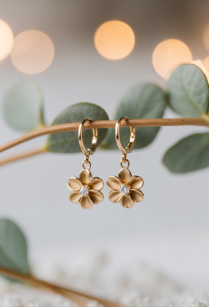 A pair of delicate gold floral drop earrings, with intricate details and a simple, elegant design, perfect for a wedding