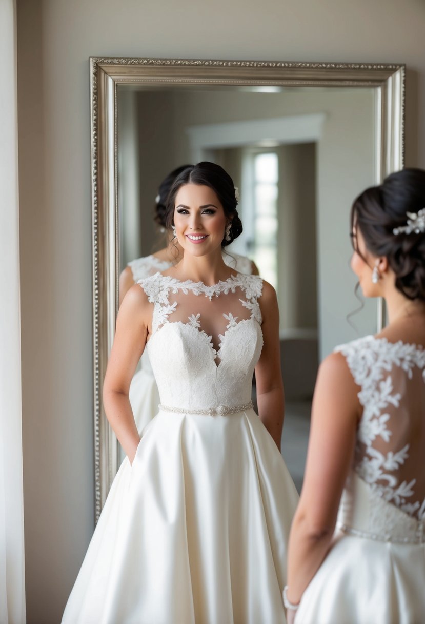 A bride in an A-line wedding dress with lace appliqué stands in front of a mirror, admiring her illusion neckline