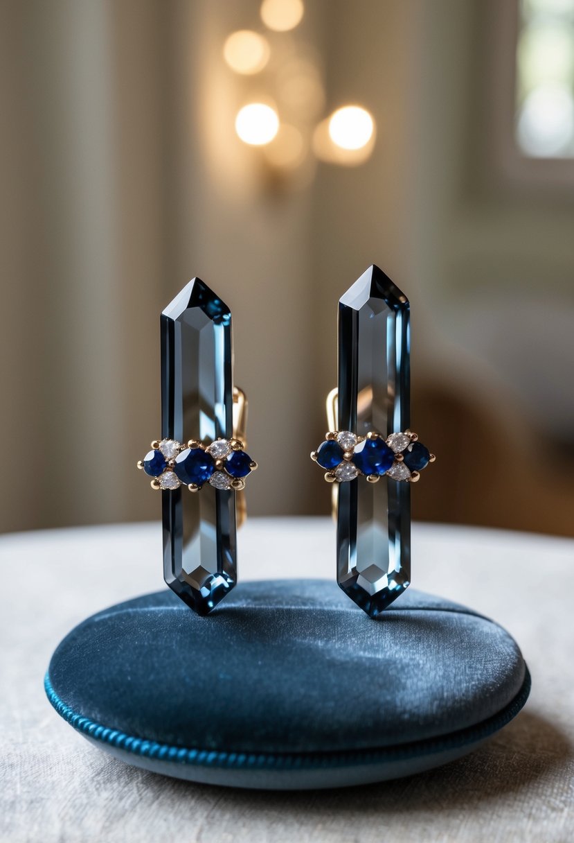 A pair of smokey gray quartz crystal earrings with sapphire accents, delicately displayed on a velvet cushion in a softly lit room