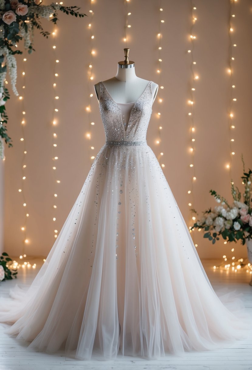 A soft, flowing tulle A-line gown adorned with sparkling crystal embellishments, set against a backdrop of twinkling fairy lights and delicate floral arrangements